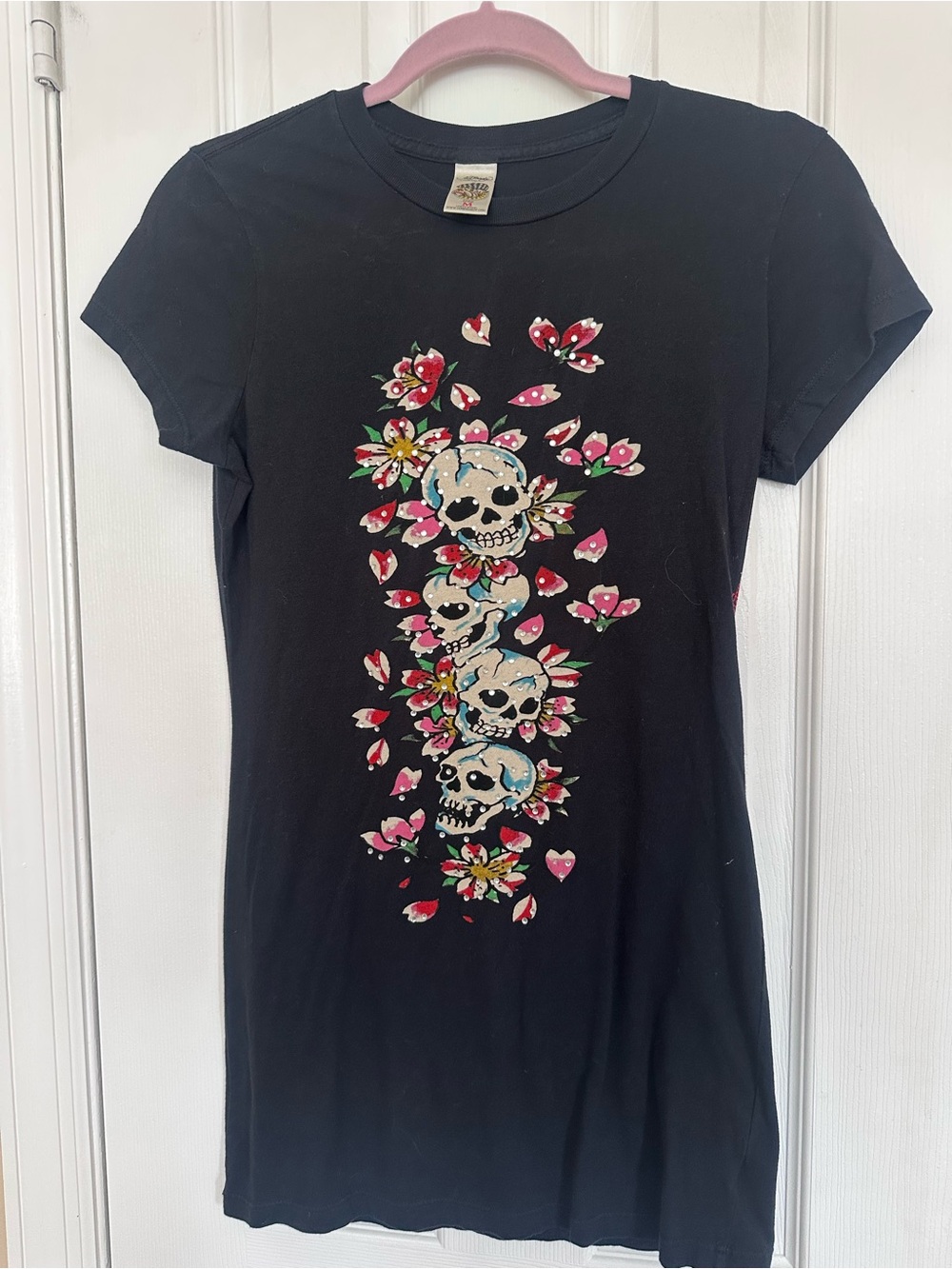 Vintage Ed Hardy Black rhinestone Tee with Pink & Red Floral Skull Motif